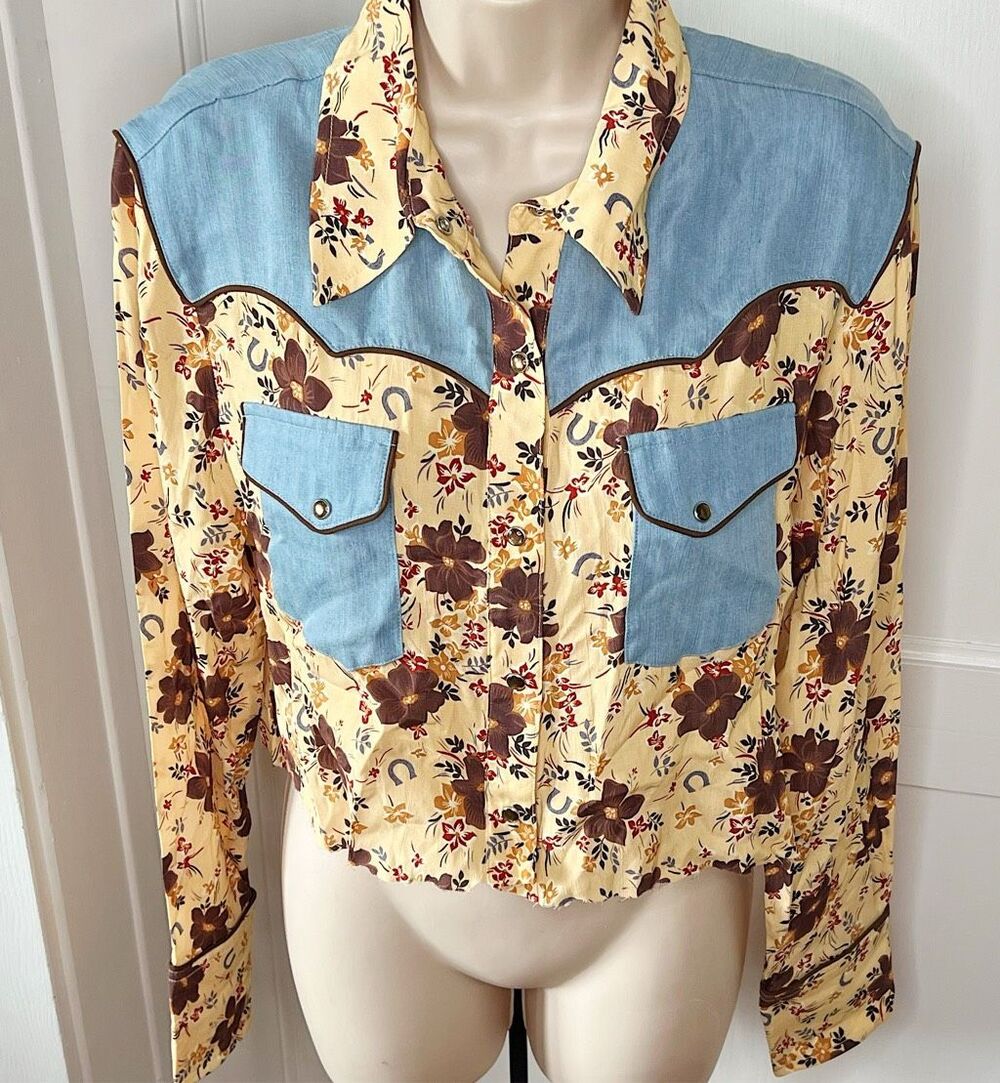 Stetson Vintage Floral Print Western Shirt Cropped Size Large